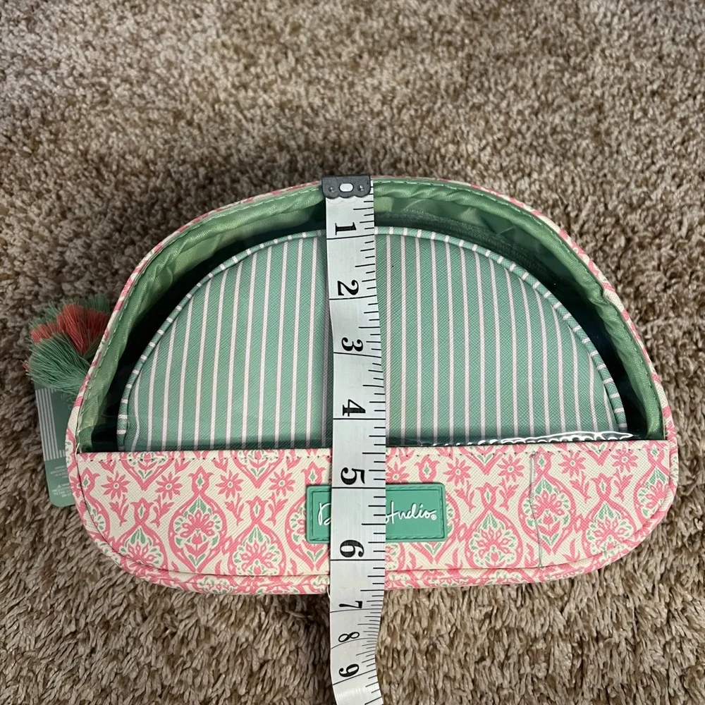 Dwell Studios NEW Makeup Skincare Bag Travel 2 Piece Set Pink Green Stripe NWT